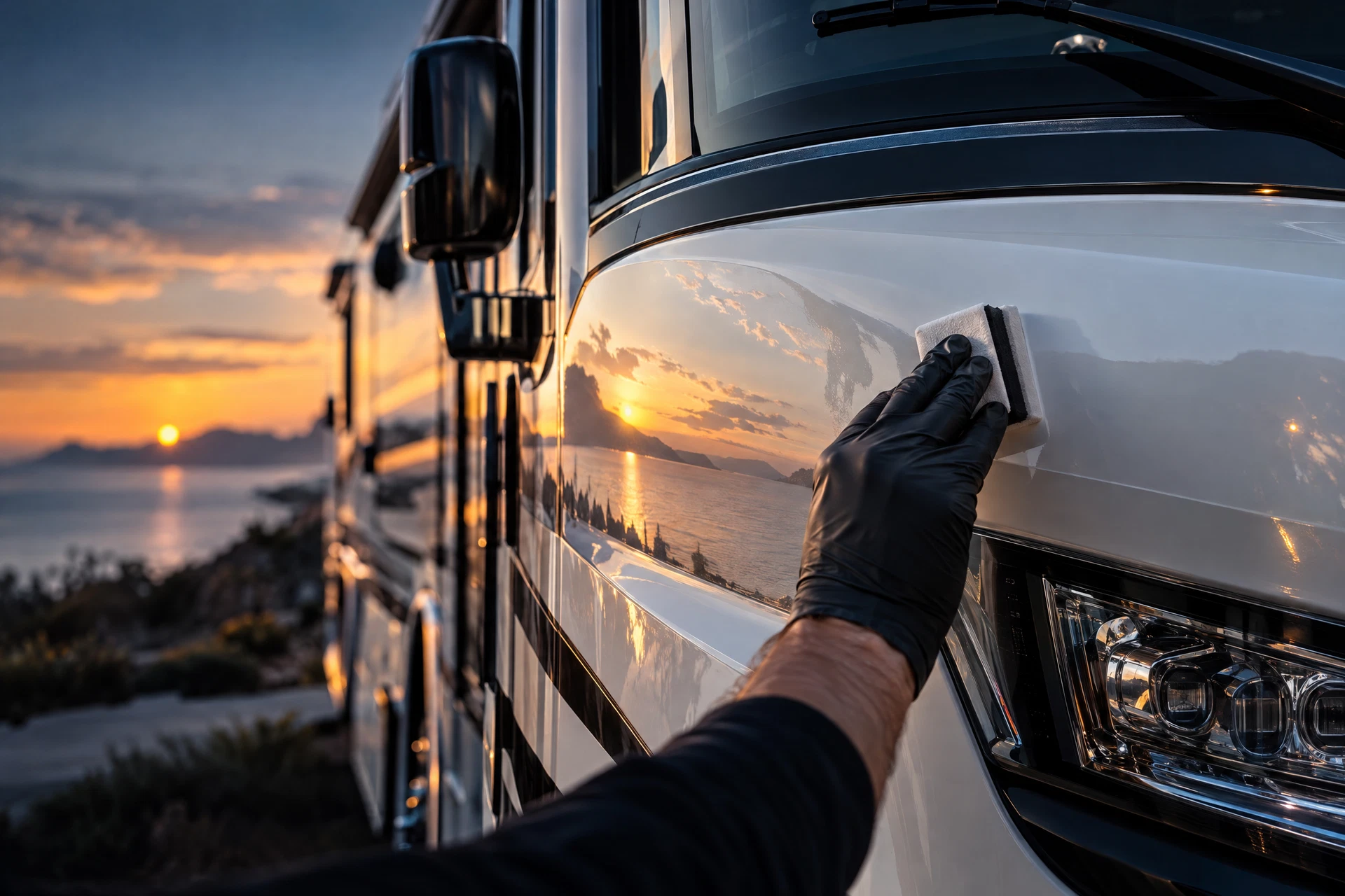 Detailer hand-applying wax to a clean RV exterior